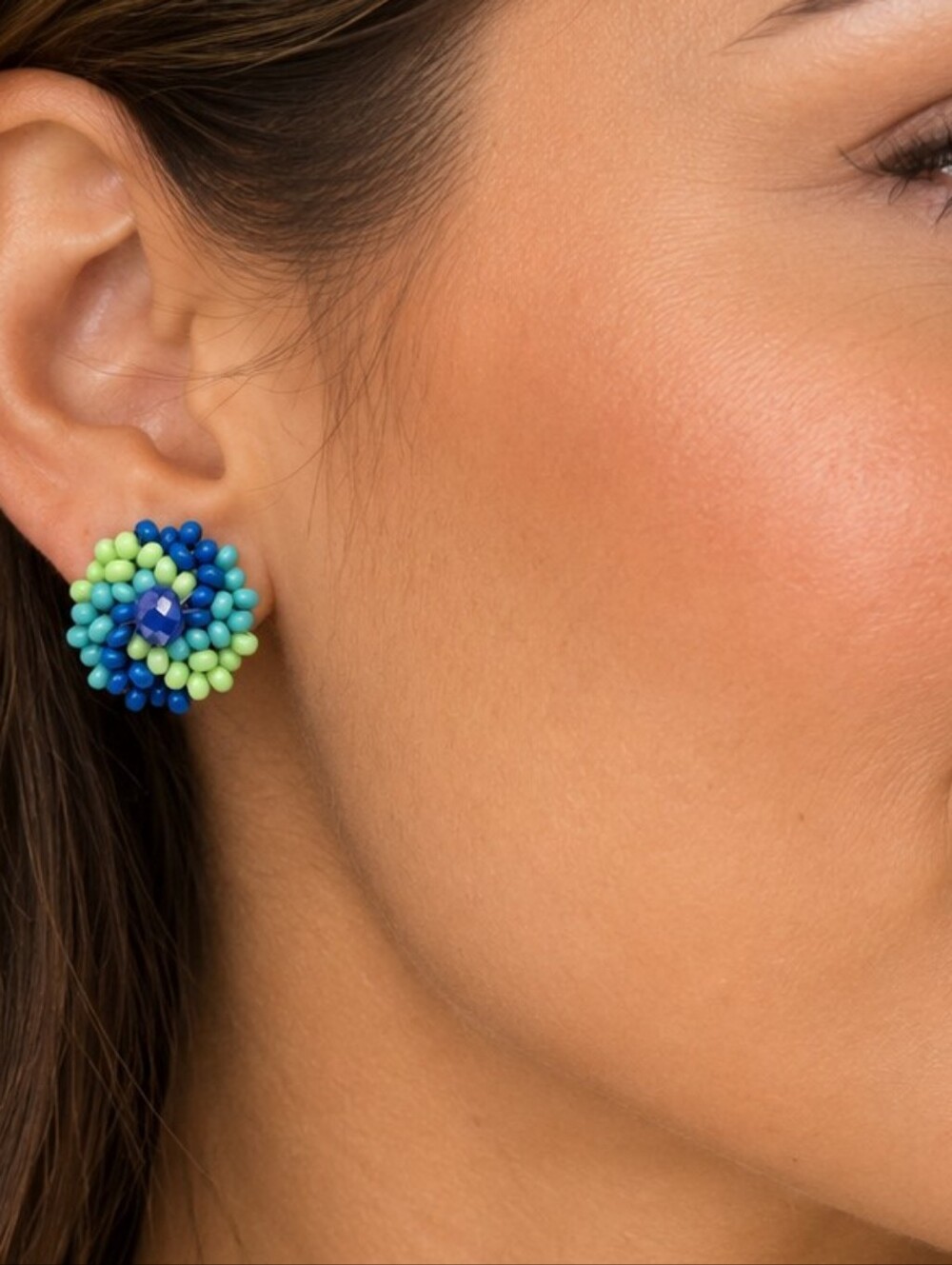 💎 Blue Green Beaded Cluster Post Earrings Round Statement Boho Colorful